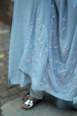 Stitched Pastel Blue Soft Linen Kurta Set with Bell Sleeves and Embroidered Mul Dupatta 4