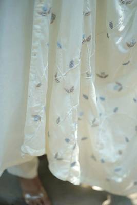 Stitched Off White Soft Linen Kurta Set with Bell Sleeves and Embroidered Mul Dupatta 4