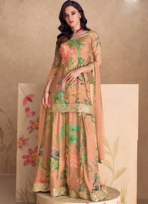 Designer peach chinon digital print Palazzo suit 1