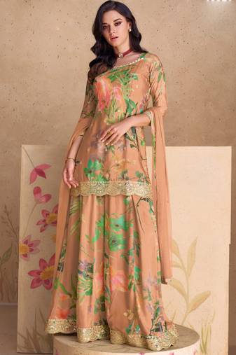 Designer peach chinon digital print plazzo suit