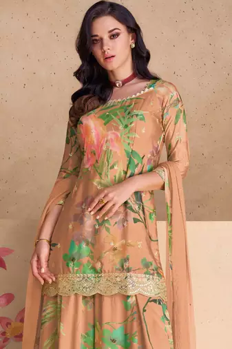 Designer peach chinon digital print Palazzo suit