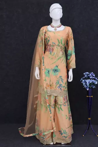 Designer peach chinon digital print Palazzo suit