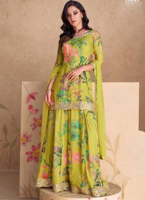 Designer lime green chinon digital print Palazzo suit 1