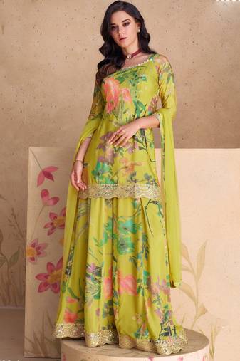 Designer lime green chinon digital print plazzo suit