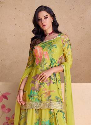 Designer lime green chinon digital print Palazzo suit 2