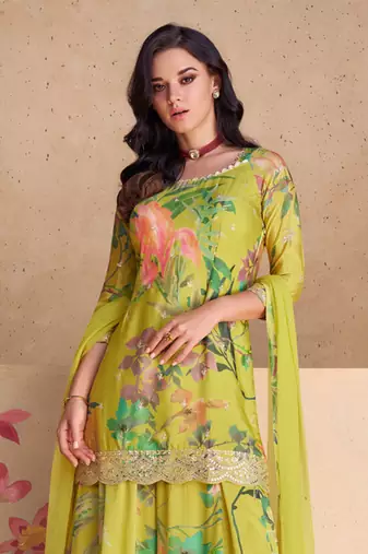Designer lime green chinon digital print Palazzo suit