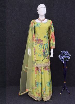 Designer lime green chinon digital print Palazzo suit 3