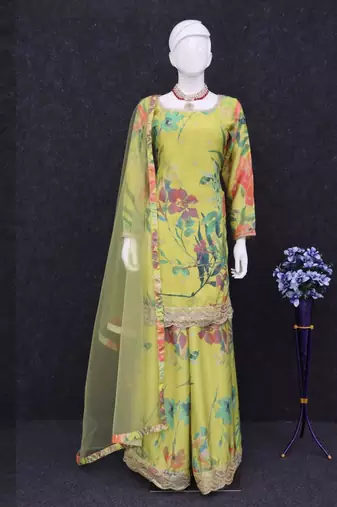 Designer lime green chinon digital print Palazzo suit