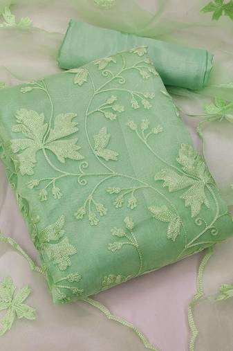 Women's Green Organza Silk Floral Printed Suit Dress Material With Organza Dupatta