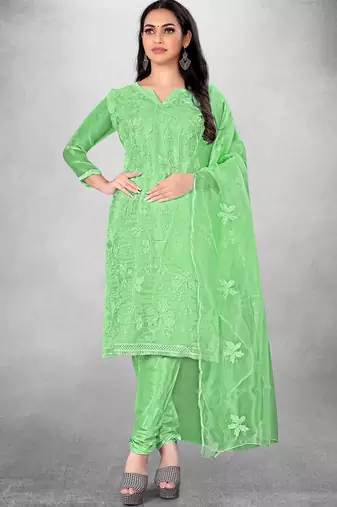 Women's Green Organza Silk Floral Printed Suit Dress Material With Organza Dupatta