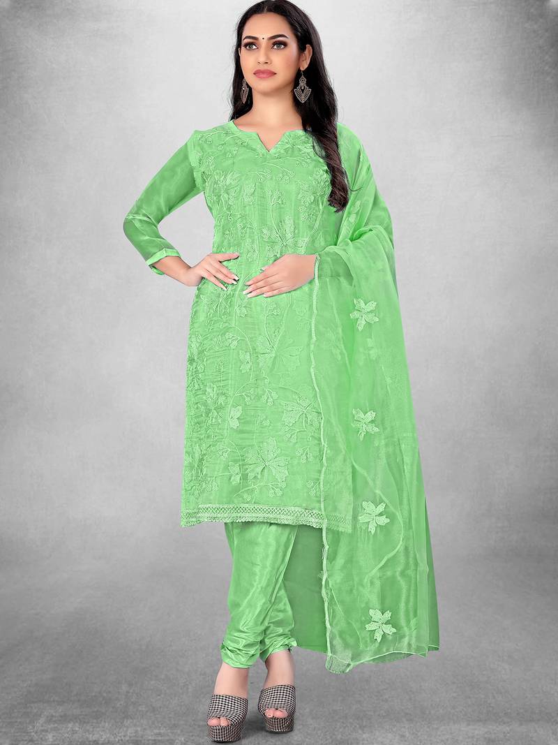Women's Green Organza Silk Floral Printed Suit Dress Material With Organza Dupatta