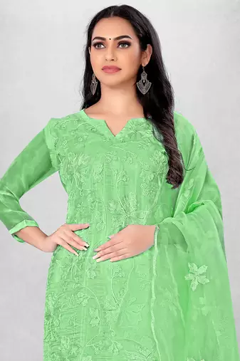 Women's Green Organza Silk Floral Printed Suit Dress Material With Organza Dupatta