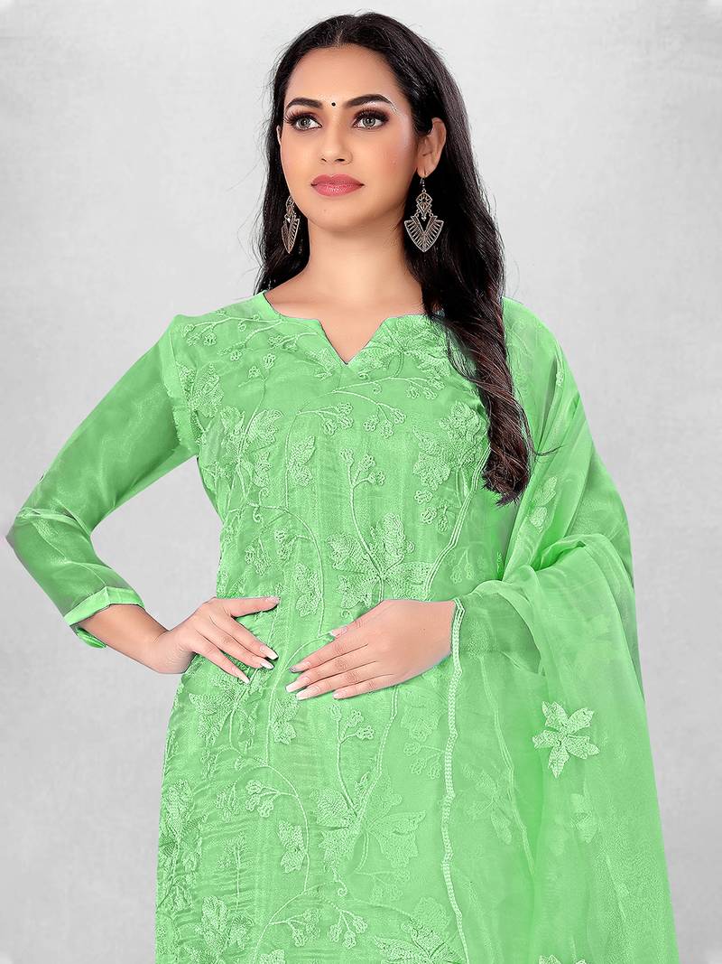 Women's Green Organza Silk Floral Printed Suit Dress Material With Organza Dupatta