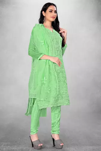 Women's Green Organza Silk Floral Printed Suit Dress Material With Organza Dupatta