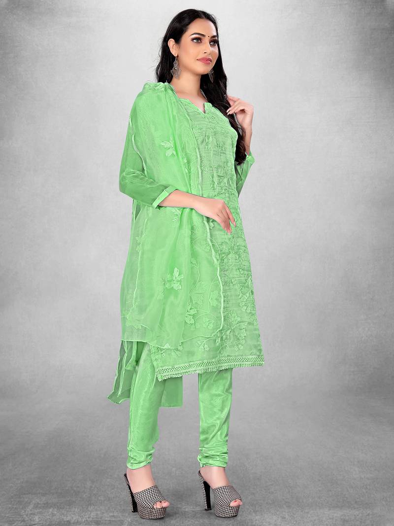 Women's Green Organza Silk Floral Printed Suit Dress Material With Organza Dupatta