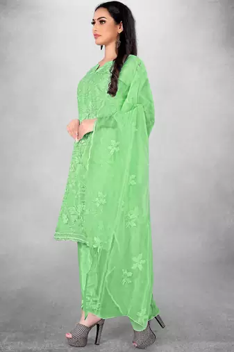 Women's Green Organza Silk Floral Printed Suit Dress Material With Organza Dupatta