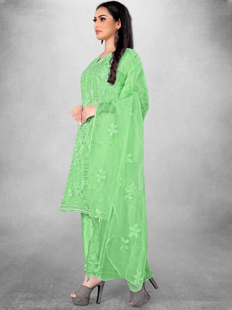 Women's Green Organza Silk Floral Printed Suit Dress Material With Organza Dupatta
