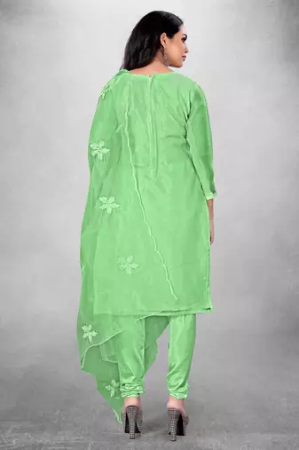 Women's Green Organza Silk Floral Printed Suit Dress Material With Organza Dupatta