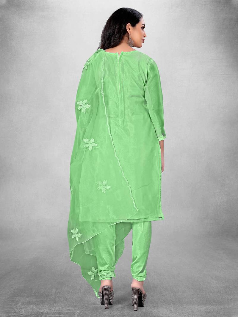 Women's Green Organza Silk Floral Printed Suit Dress Material With Organza Dupatta
