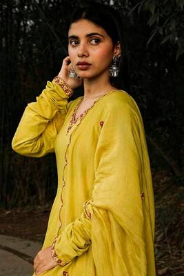 Stitched Dark Yellow Mul Cotton Anarkali Ensemble with Hand-Embroidered Details 5