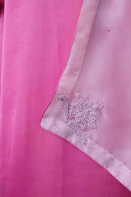 Stitched Pink Modal Satin Kurta Set with Kashida Work and Organza Dupatta 5