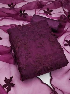 Women's Magenta Organza Silk Floral Printed Suit Dress Material With Organza Dupatta 1