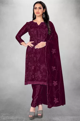 Women's Magenta Organza Silk Floral Printed Suit Dress Material With Organza Dupatta