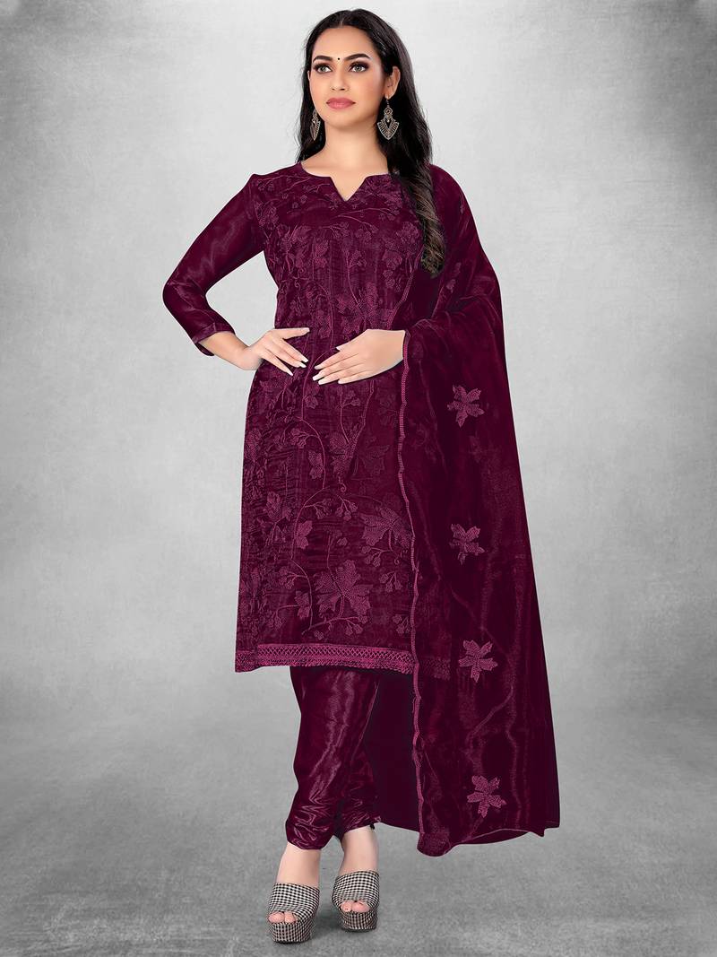 Women's Magenta Organza Silk Floral Printed Suit Dress Material With Organza Dupatta