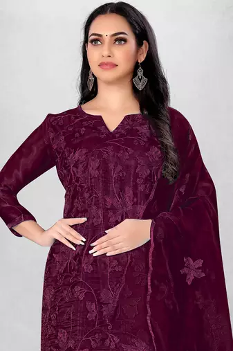 Women's Magenta Organza Silk Floral Printed Suit Dress Material With Organza Dupatta