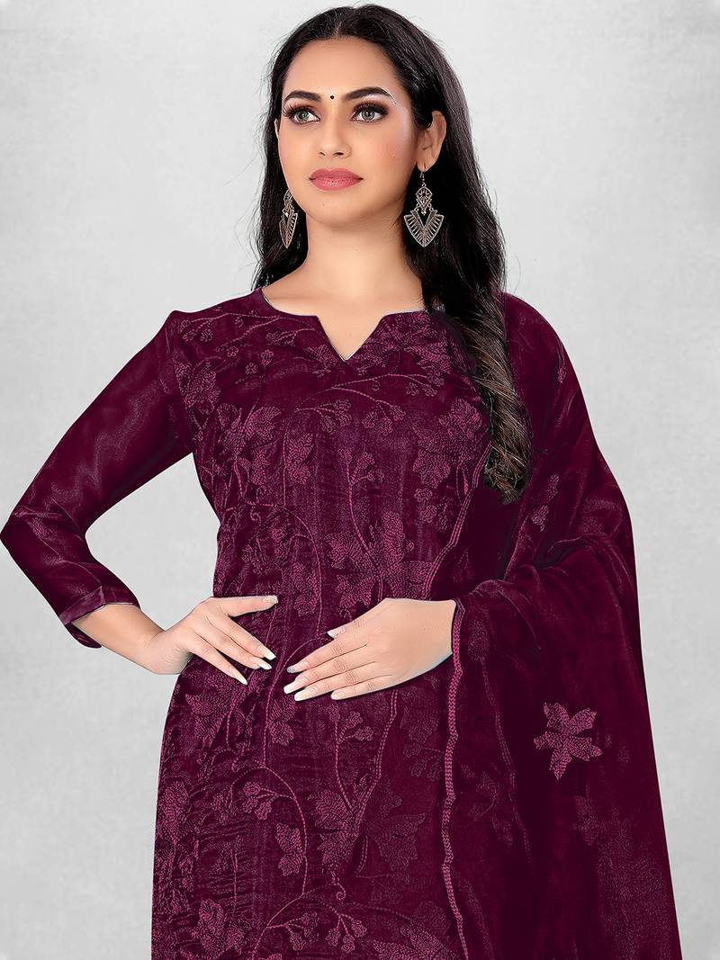 Women's Magenta Organza Silk Floral Printed Suit Dress Material With Organza Dupatta