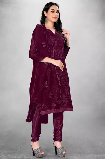 Women's Magenta Organza Silk Floral Printed Suit Dress Material With Organza Dupatta