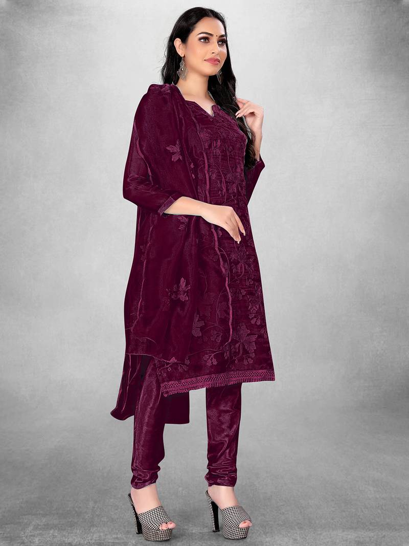 Women's Magenta Organza Silk Floral Printed Suit Dress Material With Organza Dupatta