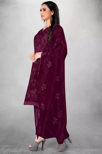 Women's Magenta Organza Silk Floral Printed Suit Dress Material With Organza Dupatta