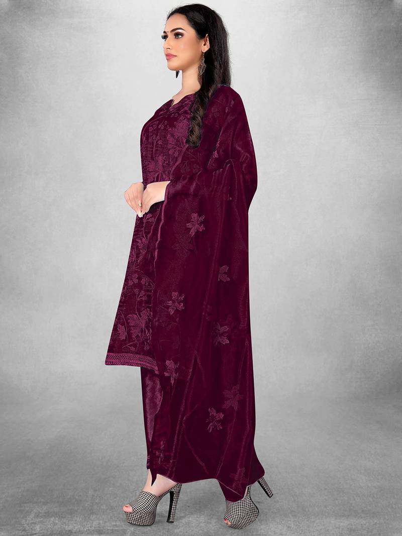 Women's Magenta Organza Silk Floral Printed Suit Dress Material With Organza Dupatta