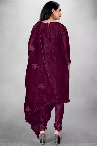 Women's Magenta Organza Silk Floral Printed Suit Dress Material With Organza Dupatta