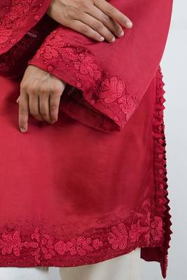 Stitched Red Modal Satin Kurta Set with Kashida Embroidery and Ivory Pants 5