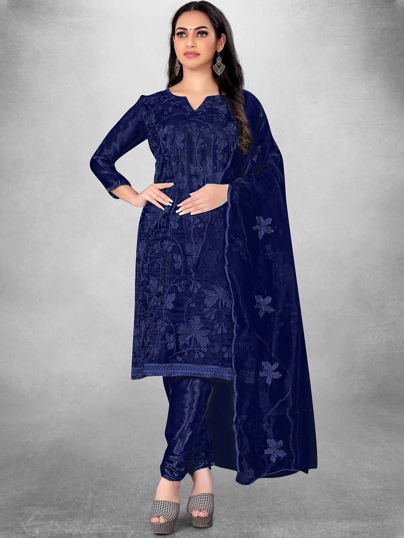 Women's Navy Blue Organza Silk Floral Printed Suit Dress Material With Organza Dupatta