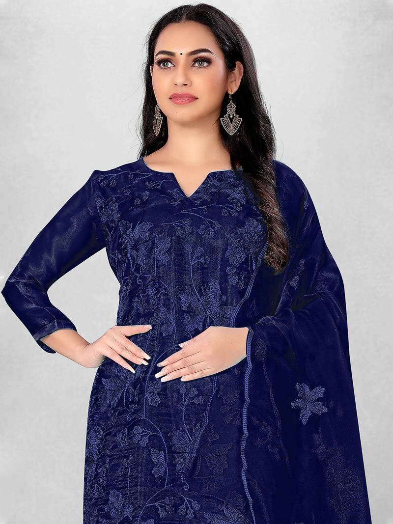 Women's Navy Blue Organza Silk Floral Printed Suit Dress Material With Organza Dupatta