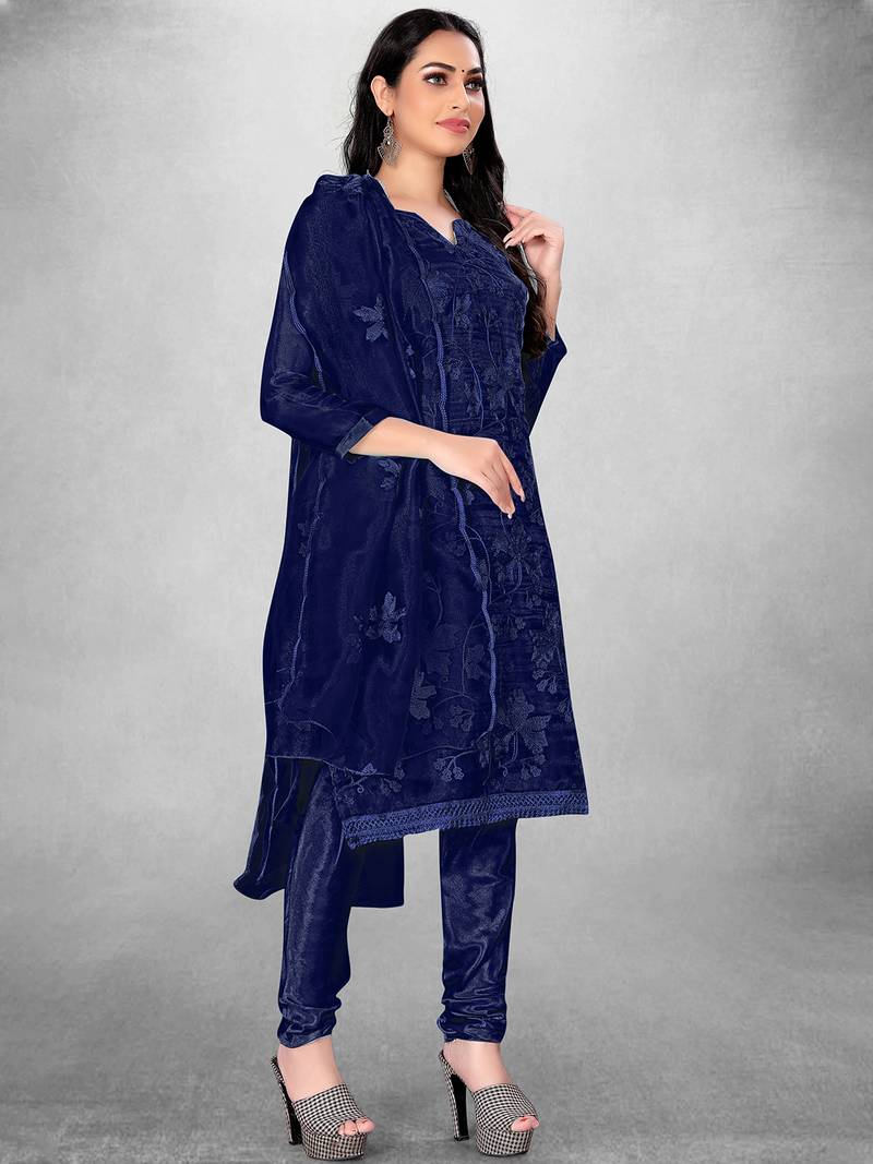Women's Navy Blue Organza Silk Floral Printed Suit Dress Material With Organza Dupatta