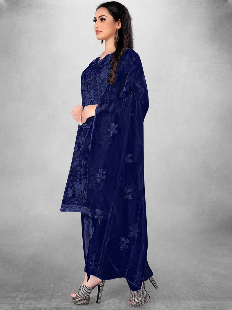 Women's Navy Blue Organza Silk Floral Printed Suit Dress Material With Organza Dupatta