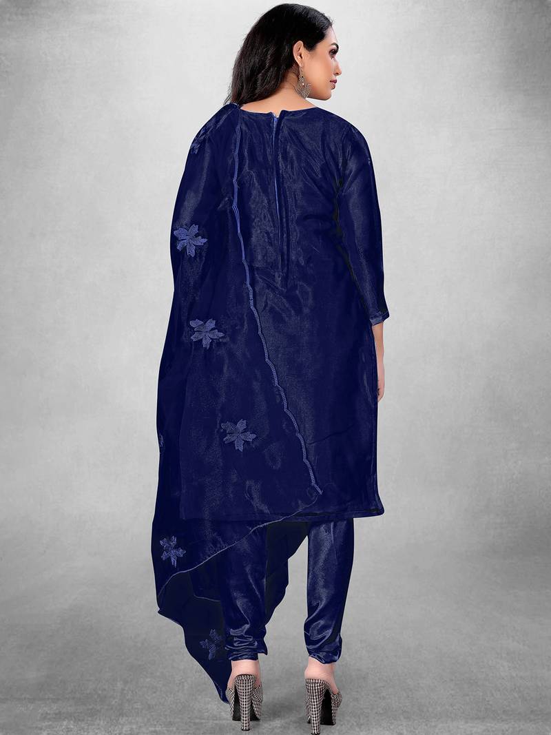 Women's Navy Blue Organza Silk Floral Printed Suit Dress Material With Organza Dupatta