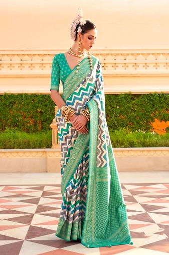 Multicolor Silk Printed With Jacquard Woven Work Saree With Blouse