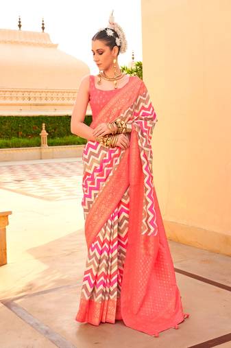 Multicolor Silk Printed With Jacquard Woven Work Saree With Blouse