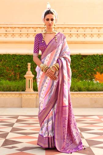 Multicolor Silk Printed With Jacquard Woven Work Saree With Blouse