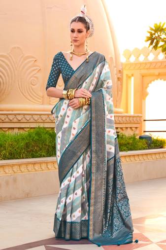 Multicolor Silk Printed With Jacquard Woven Work Saree With Blouse