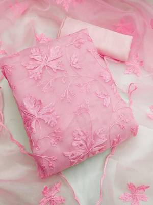Women's Pink Organza Silk Floral Printed Suit Dress Material With Organza Dupatta 1
