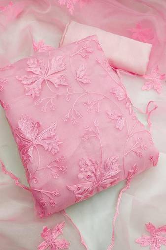 Women's Pink Organza Silk Floral Printed Suit Dress Material With Organza Dupatta