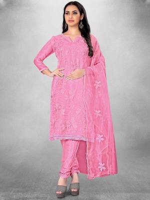 Women's Pink Organza Silk Floral Printed Suit Dress Material With Organza Dupatta 2