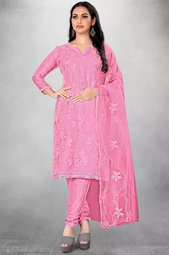 Women's Pink Organza Silk Floral Printed Suit Dress Material With Organza Dupatta