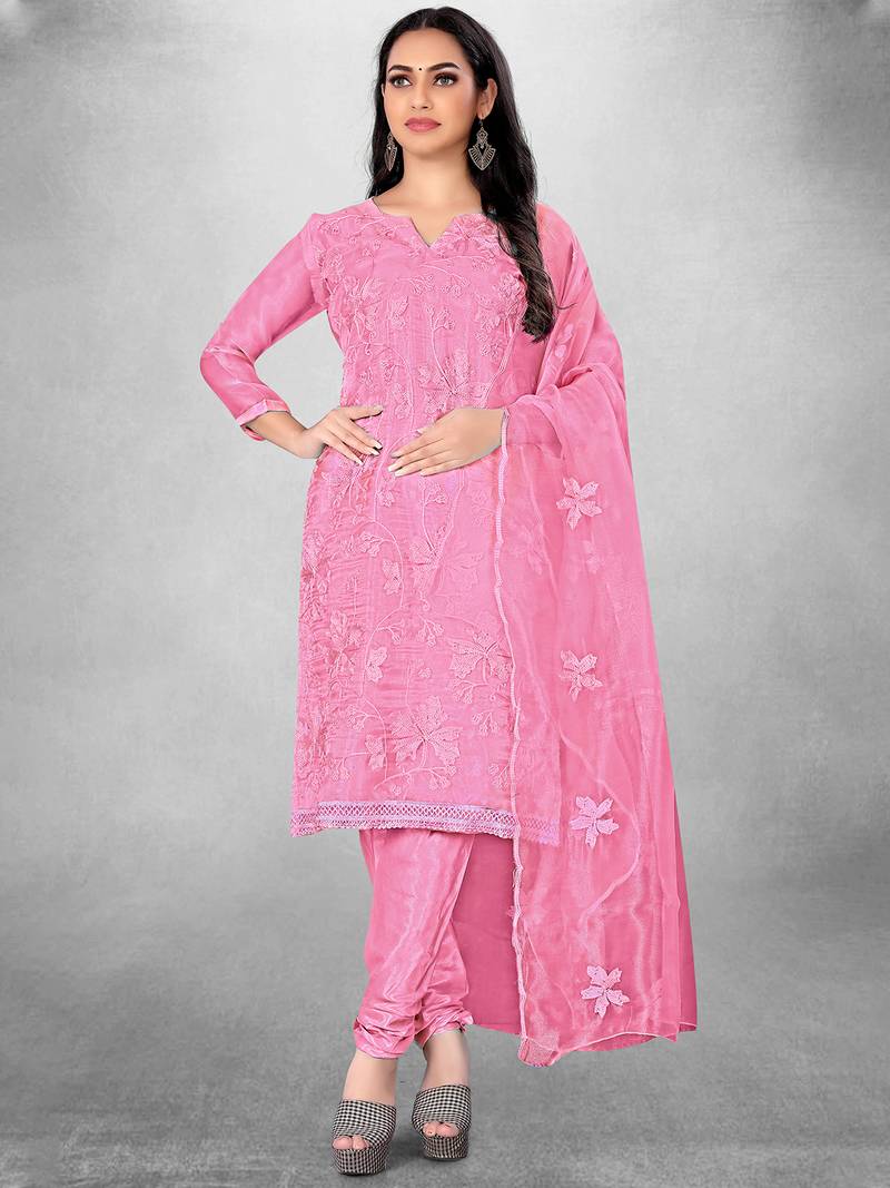 Women's Pink Organza Silk Floral Printed Suit Dress Material With Organza Dupatta